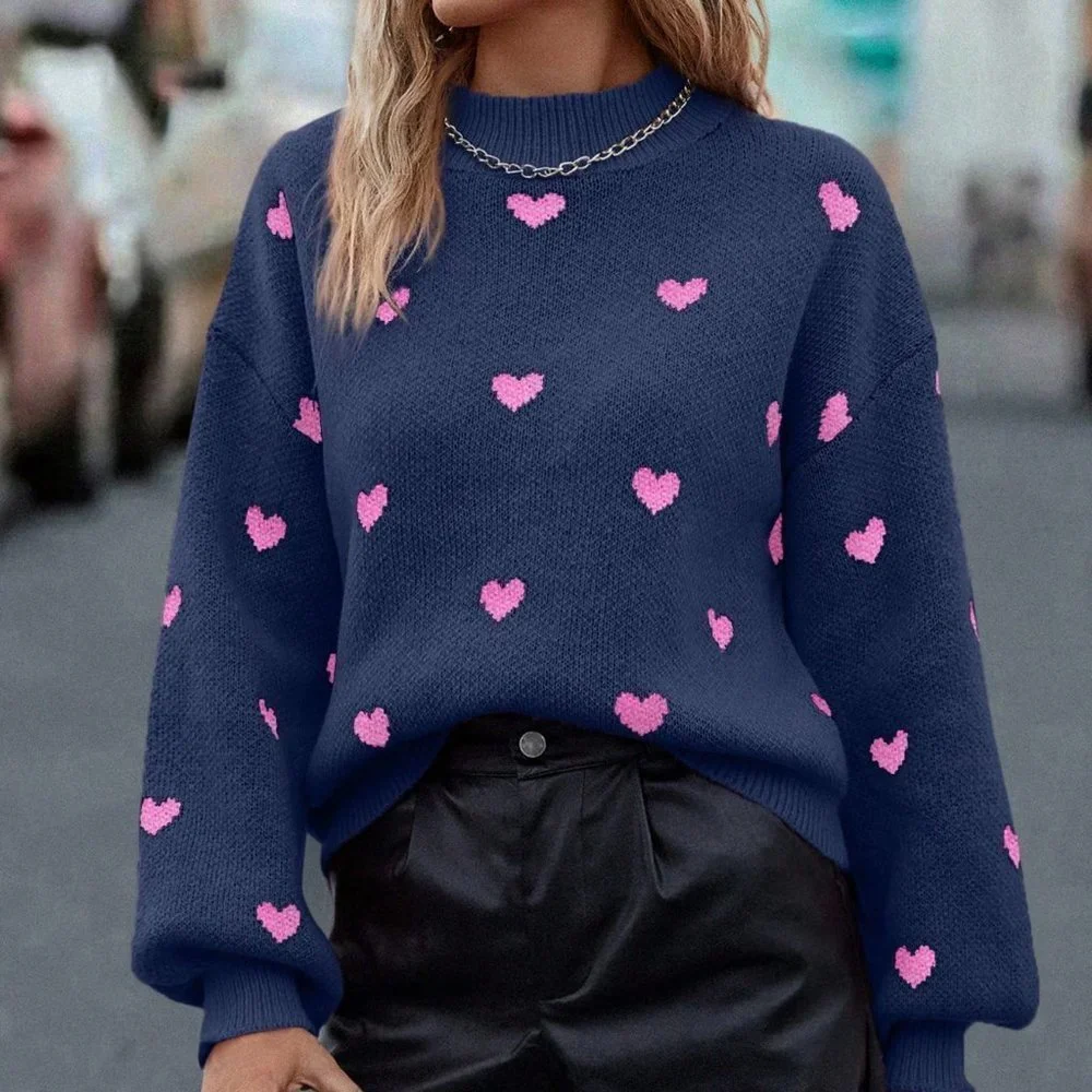 Royal Blue Casual Womens Heart Pattern Mock Neck Drop Shoulder Sweater - Picture 3 of 5